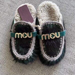 Mou Black and Green winter bio slide Fur Slip-Ons